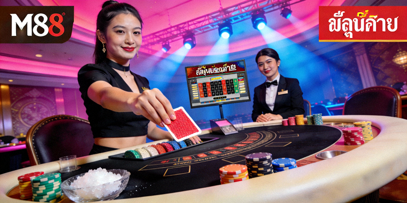 โต๊ะบาคาร่าในคาสิโนสดจาก M88 พร้อมดีลเลอร์จริง
